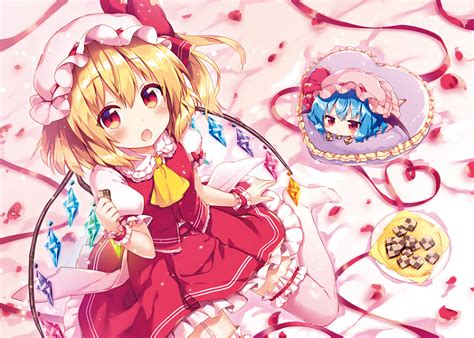 Girls Blonde Hair Blue Hair Blush Chibi Flandre Scarlet Food Garter Hat Heart Red Eyes Remilia