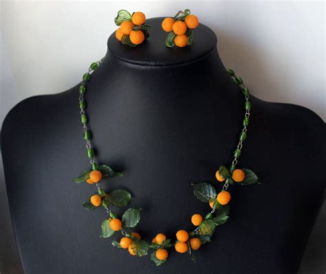 1940s Italian Art Glass Fruit Oranges Necklace And Earrings Fruit