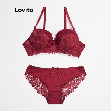 Lovito Conjunto de Sutiã e Calcinha Elegante de Renda Laço