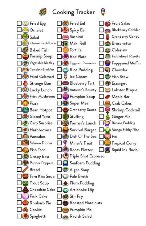 Printable Digital File Stardew Valley Tracker Cooking Collection Order