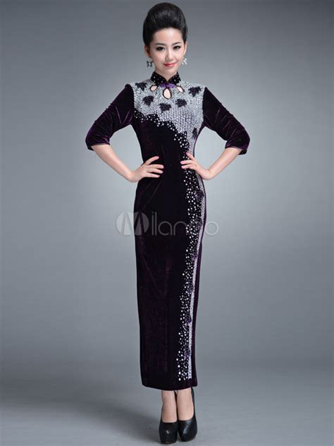 Elegant Purple Crystal Velour Cheongsam Dress For Women