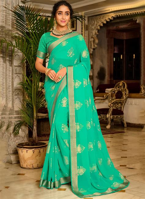 Shop Faux Georgette Classic Designer Saree In Green Online 206919