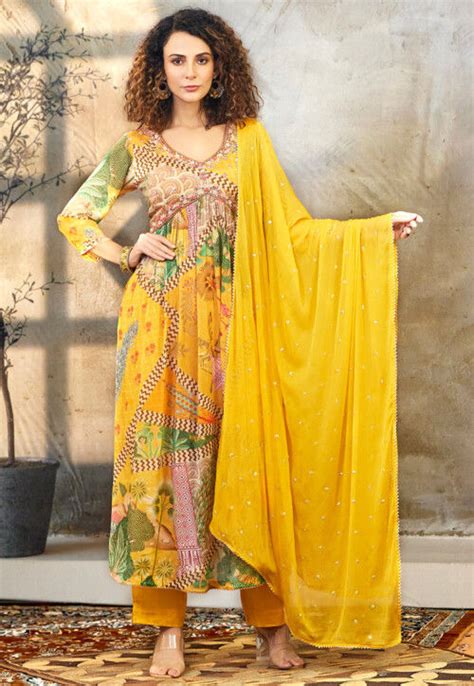 Digital Printed Chinon Chiffon Pakistani Suit In Yellow Kng138