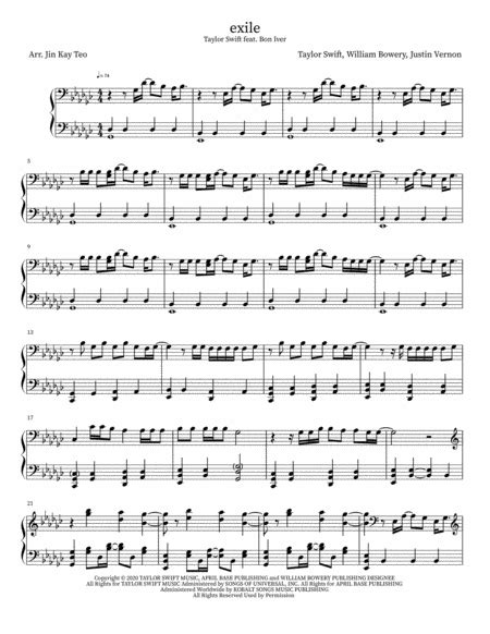 Exile Arr Jin Kay Teo By Taylor Swift Feat Bon Iver Sheet Music For