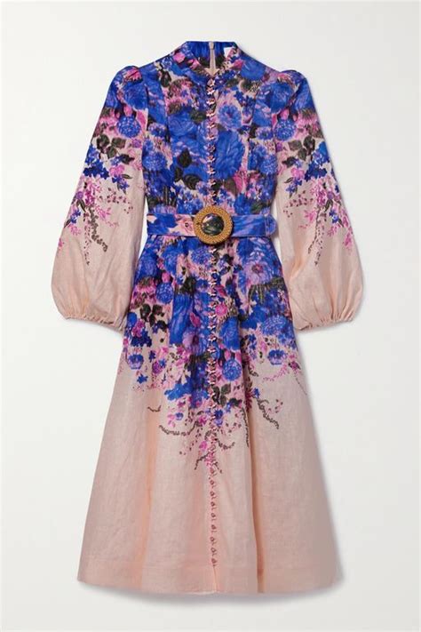 Women S Zimmermann High Tide Belted Embellished Floral Print Linen Midi