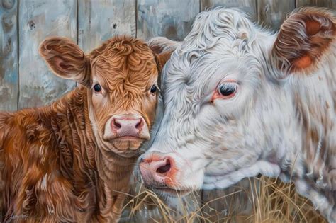 Premium Photo A Painting Of Two Cows Standing Next To Each Other