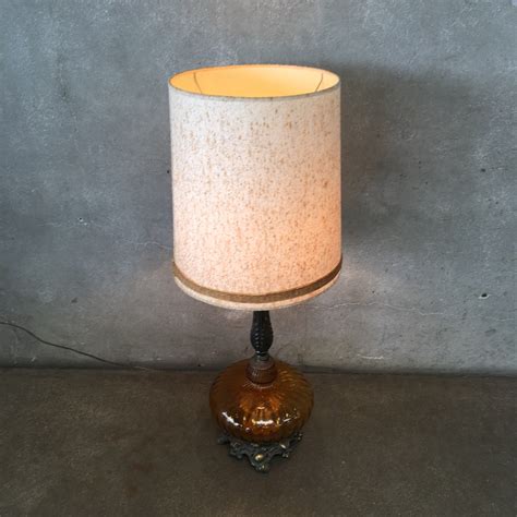 Mid Century Amber Glass And Brass Table Lamp