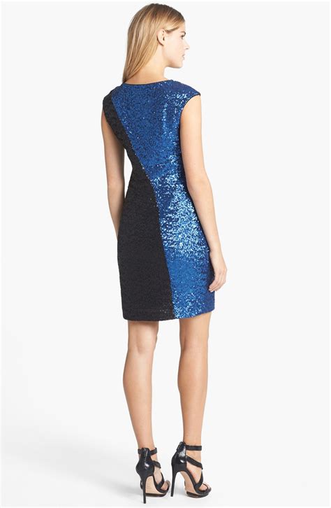 Calvin Klein Colorblock Sequin Sheath Dress In Black Electric Blue