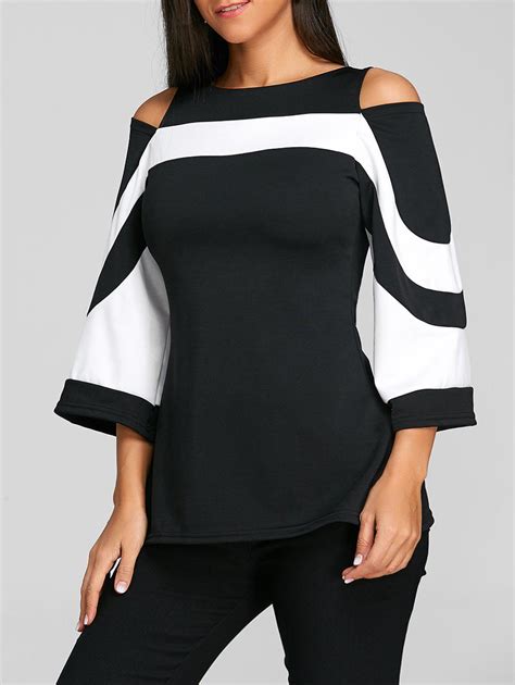 Off Two Tone Cold Shoulder Blouse Rosegal