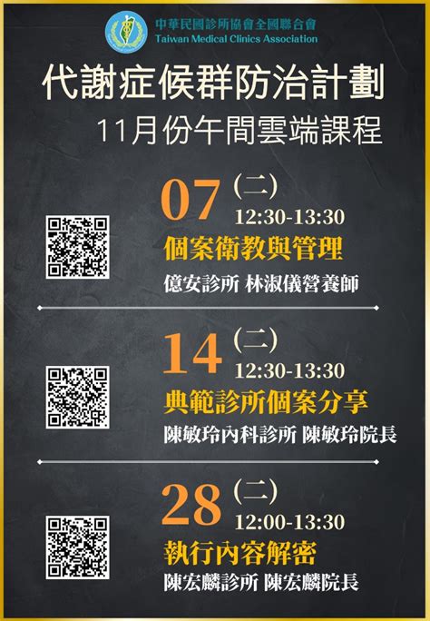 代謝症候群防治計畫11月份午間雲端課程 本會訊息 中華民國診所協會全國聯合會 TMCA