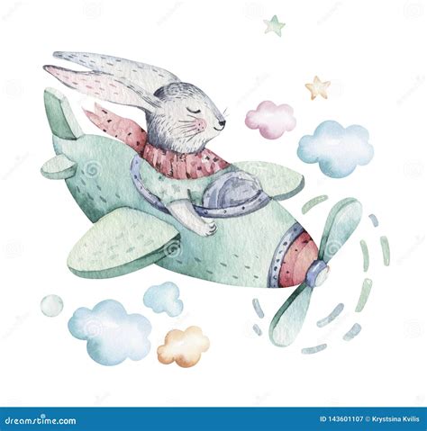 Hand Drawing Fly Cute Easter Pilot Bunny Watercolor Cartoon Bunnies ...