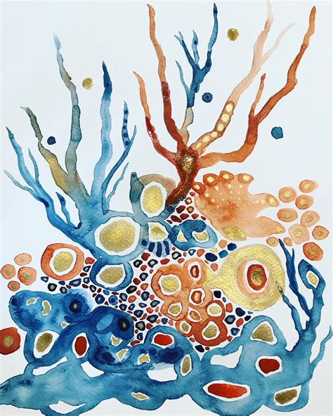 Navy Rust And Gold Abstract Watercolor Coral Reef Etsy Coral Reef