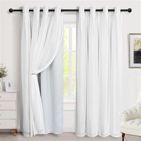 DriftAway White Blackout Curtains with Pleated Voile Chiffon Sheer 84"L