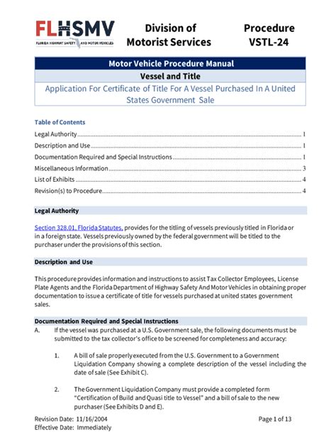 Fillable Online Vessel Titling And Registrations Florida Department Ofmv 1 Dor Motor Vehicle