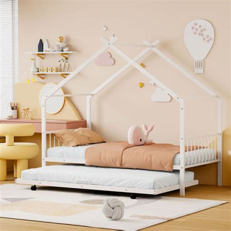 Dropship Twin Size Metal House Bed With Twin Size Trundle White To