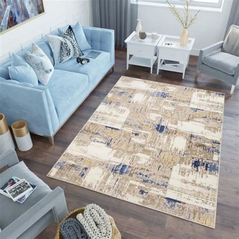 TAPISO Tapis Salon Poil Court ASTHANE Crème Bleu Beige Abstrait