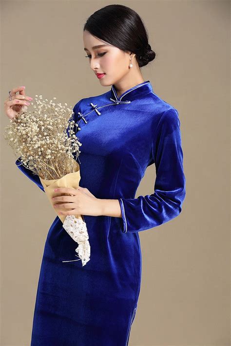 Elegant Blue Velvet Chinese Cheongsam Qipao Dress Qipao Cheongsam