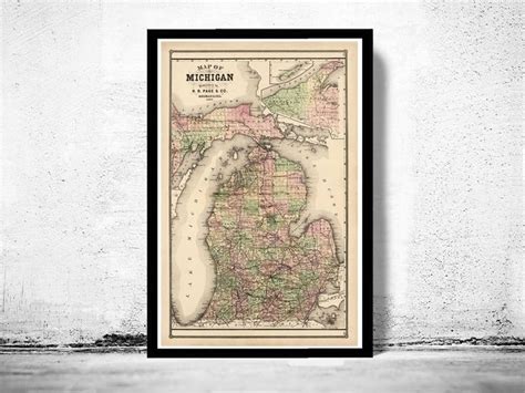 Old Map of Michigan 1885 Vintage Map Wall Map Print | Map of michigan ...