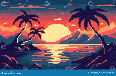 Tropical Neon Pixel Bay With Palm Trees Background Vector Illustration