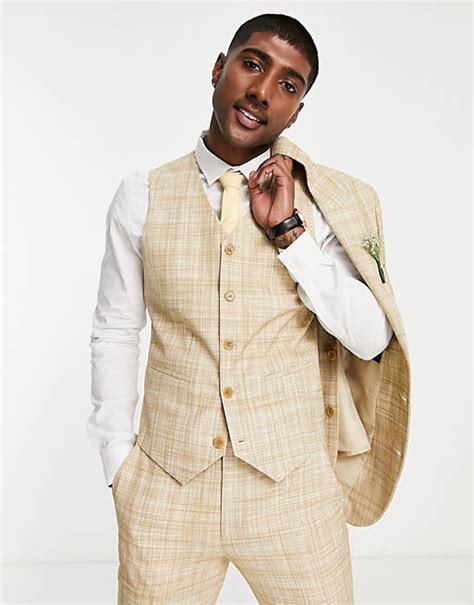 Asos Design Wedding Skinny Suit Waistcoat In Stone Crosshatch Asos