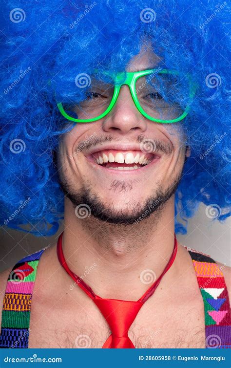 Funny Guy Naked With Blue Wig And Red Tie Stock Photo Image Of Happiness Costume 28605958