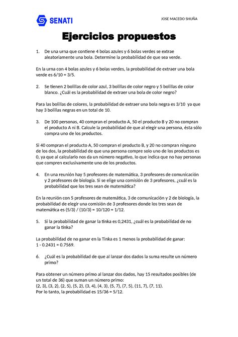 Ejercicios Propuestos Jose Macedo ShuÑa Ejercicios Propuestos 1 De Una Urna Que Contiene 4