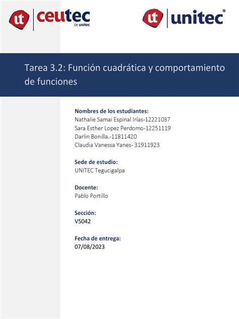 Tarea 3 2 Función Cuadrática Y Comportamiento De Funciones Pdf