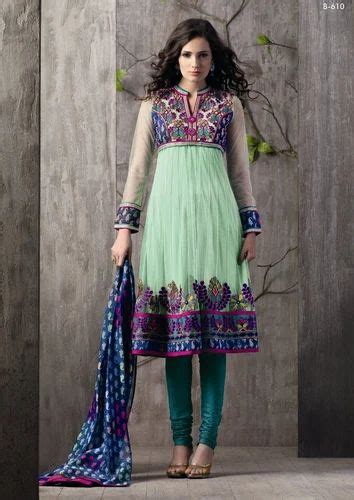 Light Green Embroidered Net Crepe Stitched Salwar Kameez Churidar Sc610 Readymade Dress