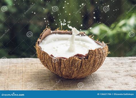 Coconut Fruit And Milk Splash Inside It On A Background Of A Palm Tree