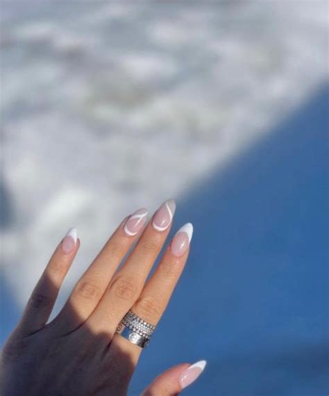 Nude Nails With White Details White Swirl French Tip Almond