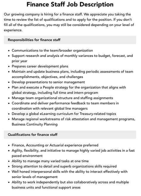 Finance Staff Job Description Velvet Jobs