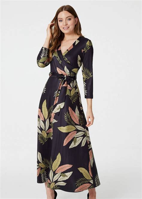 Izabel London Black Leaf Print Wrap Front Maxi Dress Matalan