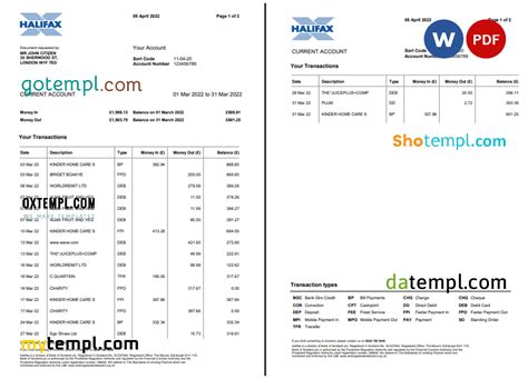 United Kingdom Halifax Bank Statement Word And Pdf Template 2 Pages