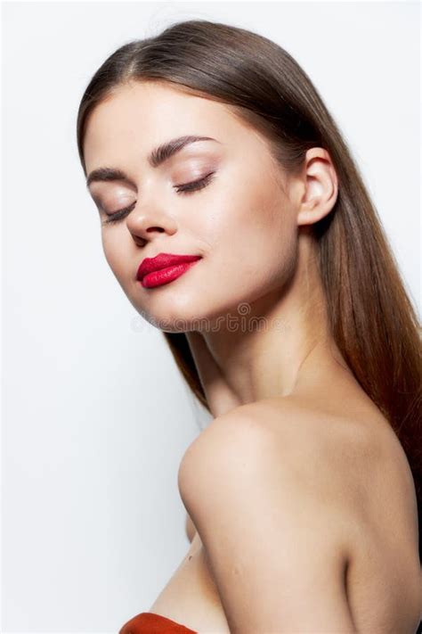 Girl Naked Shoulders Red Lips Closed Eyes Clear Skin Care Stock Photo Image Of Face Clean