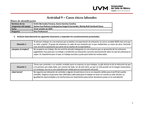 Actividad 8 Etica Actividad 9 Casos éticos Laborales Datos De