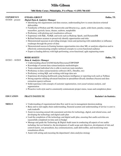 Data Analytics Manager Resume Samples Velvet Jobs