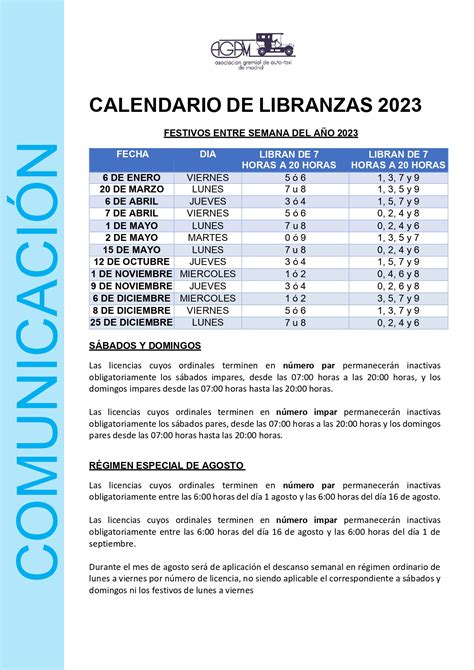 Calendario De Libranzas De Taxi Para El A O Asociaci N Gremial