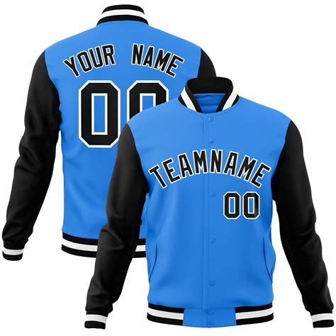 Custom Powder Blue Black White Raglan Sleeves Varsity Full Snap Letter