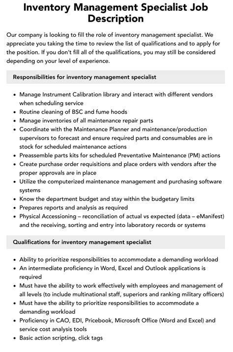 Inventory Management Specialist Job Description Velvet Jobs