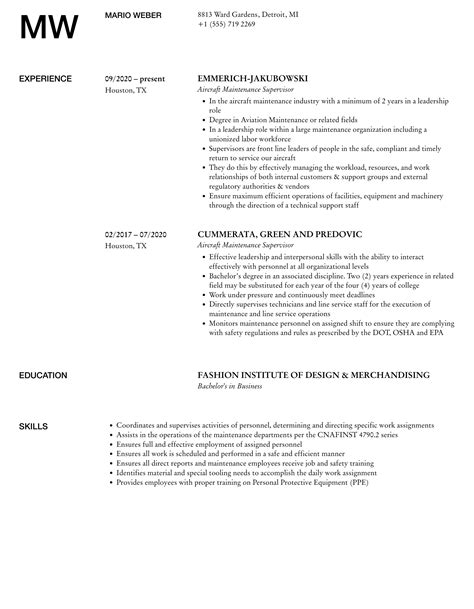 Aircraft Maintenance Supervisor Resume Samples Velvet Jobs