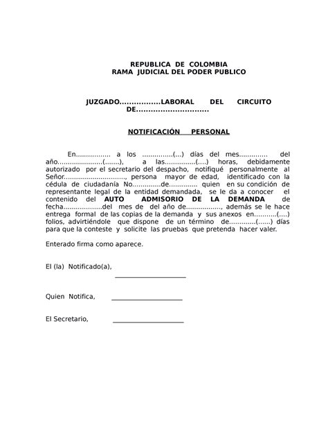 ACTA DE Notificacion Personal REPUBLICA DE COLOMBIA RAMA JUDICIAL DEL