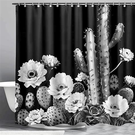 Black And White Cactus Flower Shower Curtain With White Floral Design