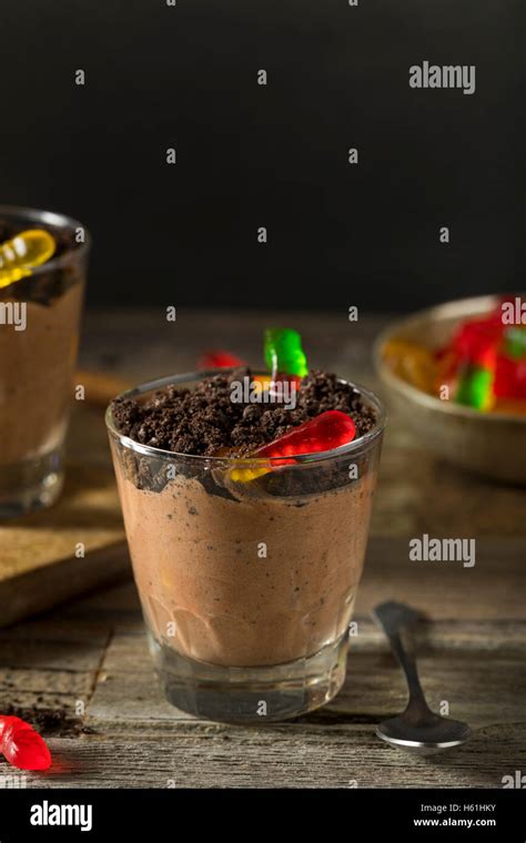 Homemade Chocolate Dirt Pudding With Gummy Worms Stock Photo Alamy