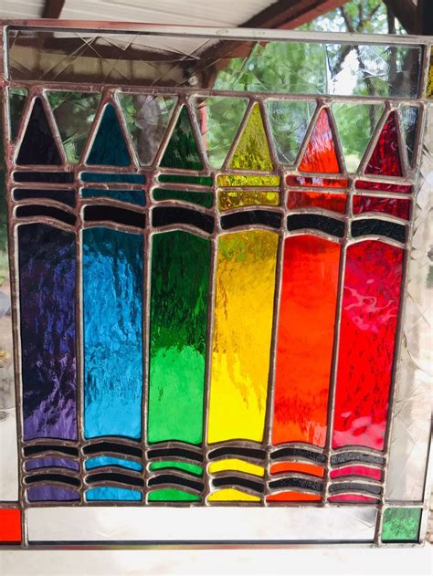 Contemporary Stained Glass Panel Crayons Colorful Plg161 Etsy