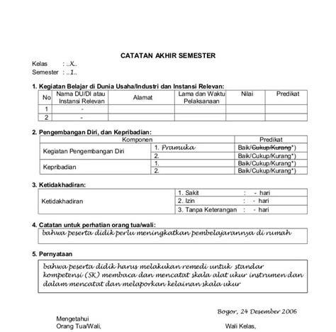 Contoh Catatan Wali Kelas Di Raport K13