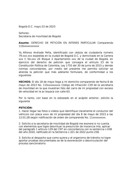 Derecho de peticion derecho de peticion Bogotá D mayo 23 de 2023