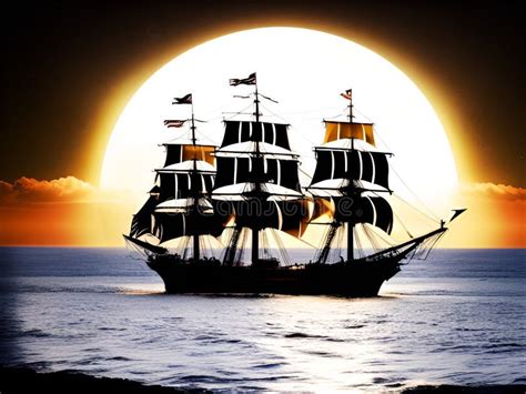 Ai Generated Illustration Of A Pirate Ship Sailing In The Night Stock