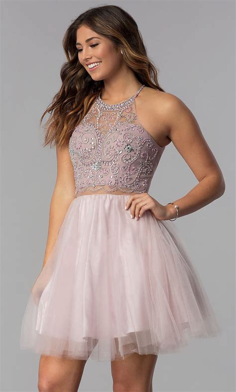 Sheer Waist Mock Two Piece Short Homecoming Dress Hoco Dresses Short