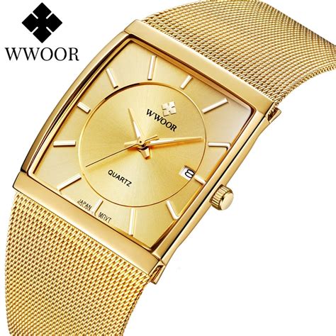 WWOOR Luxury Gold Watch Men Square Japan Quartz Slim Steel Mesh