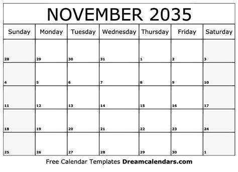 November 2035 Calendar Free Printable With Holidays And Observances